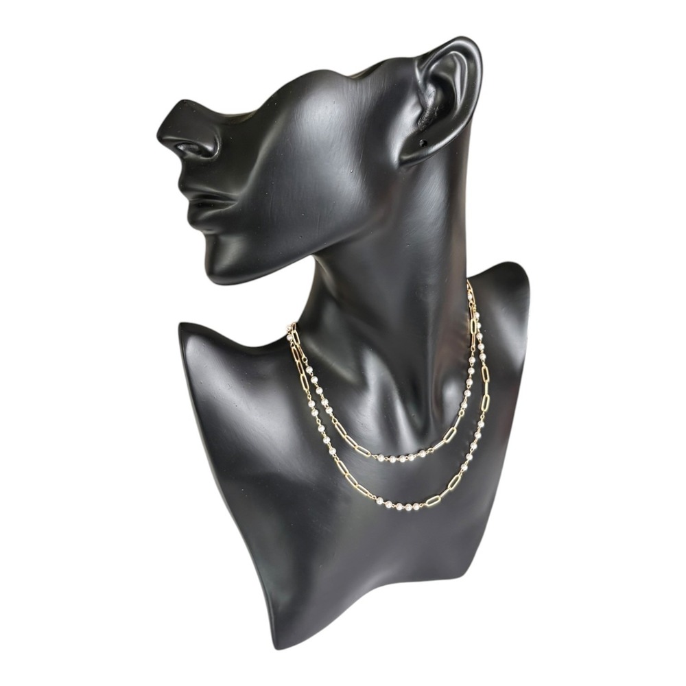 Gold Tone Layered Double Strand Paperclip Chain Faux Pearl Necklace 14-16" Adj